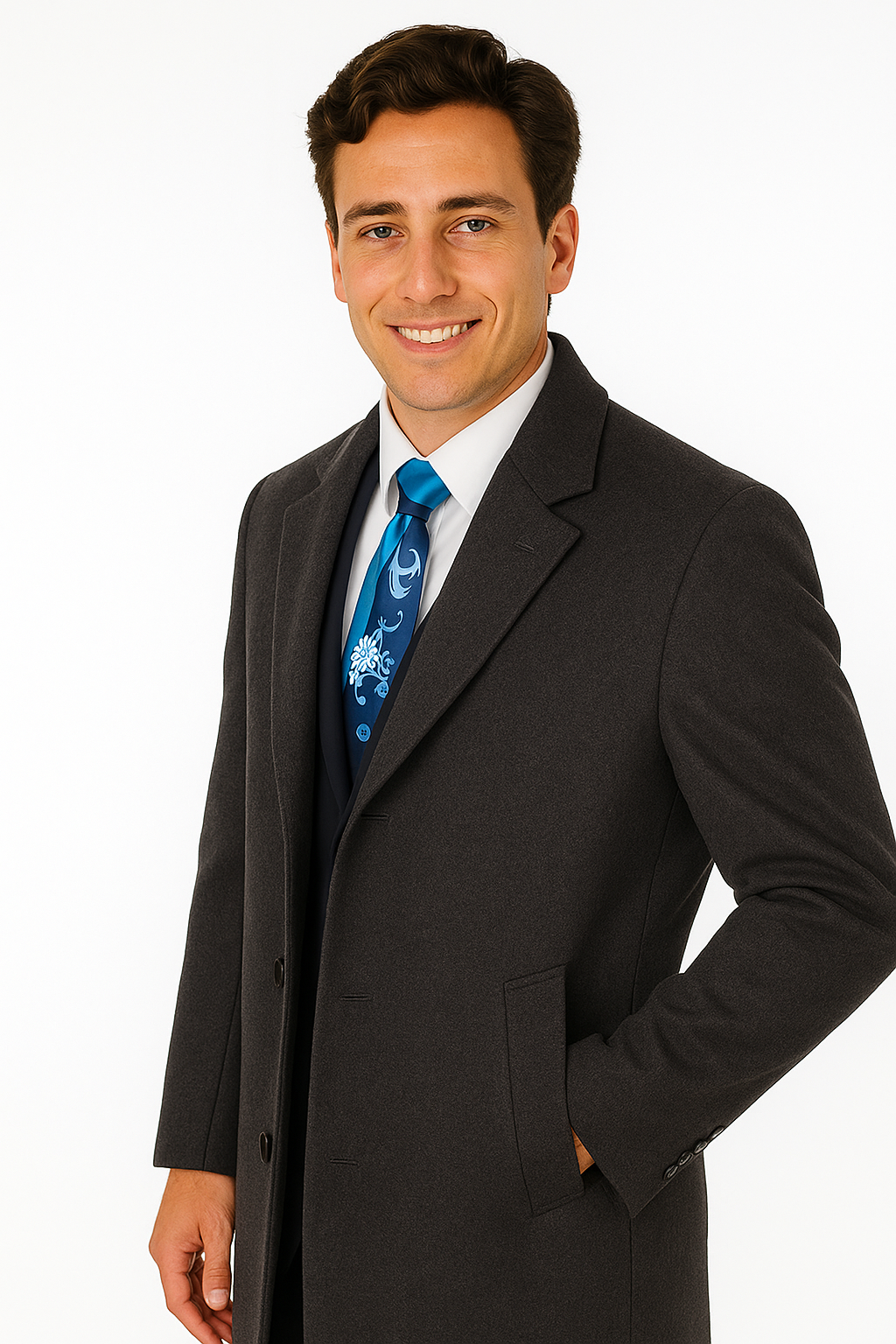 Men's Charcoal Grey Wool & Cashmere Overcoat – Classic Full Length - Small