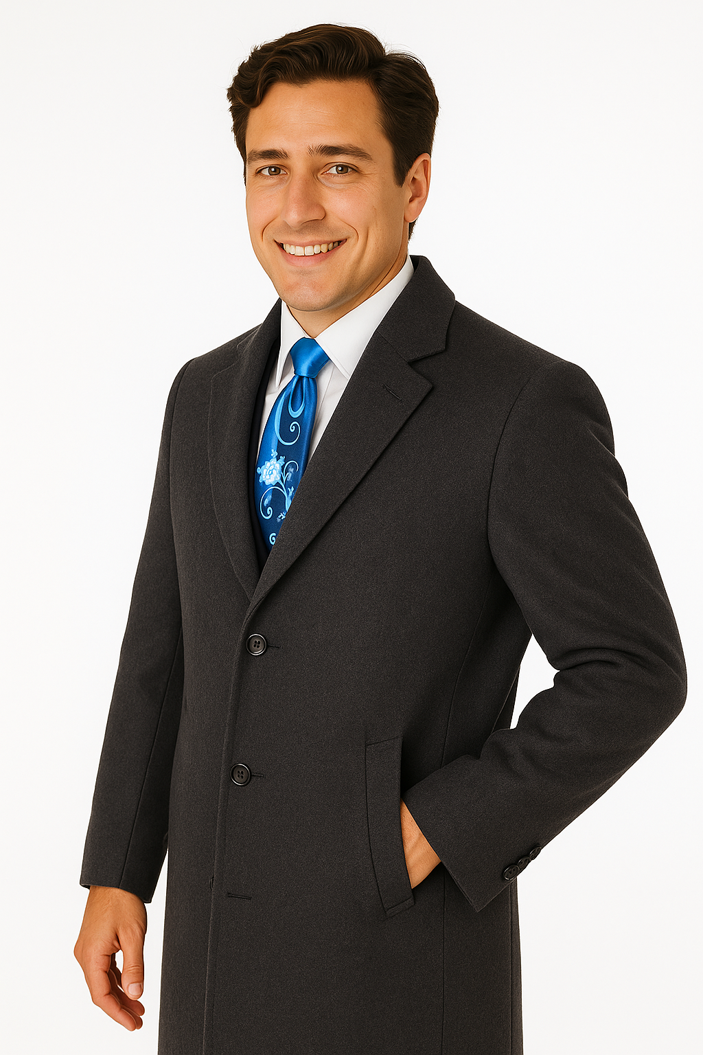 Men's Charcoal Grey Wool & Cashmere Overcoat – Classic Full Length - Small