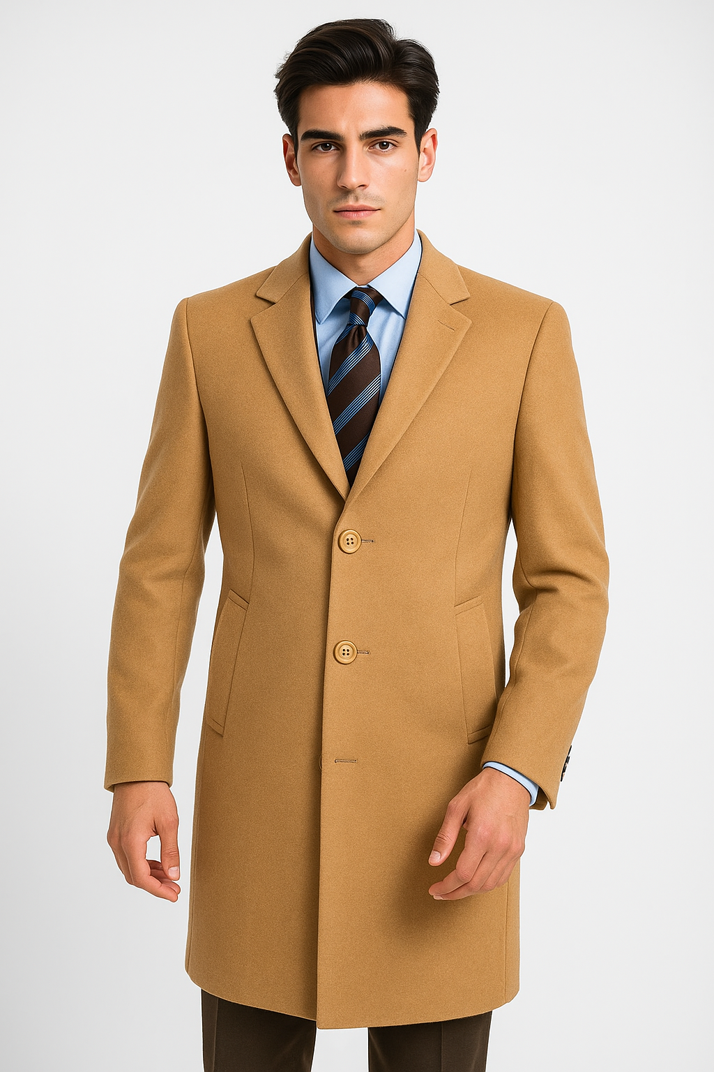 Men's Camel Wool & Cashmere Overcoat – Classic Full Length Topcoat - Small