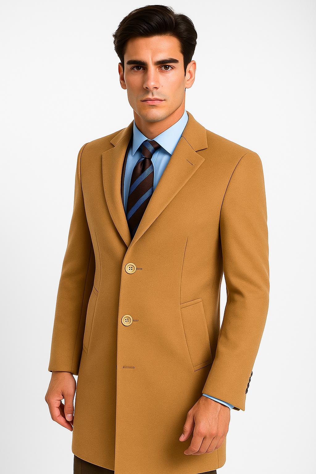 Men's Camel Wool & Cashmere Overcoat – Classic Full Length Topcoat - Small