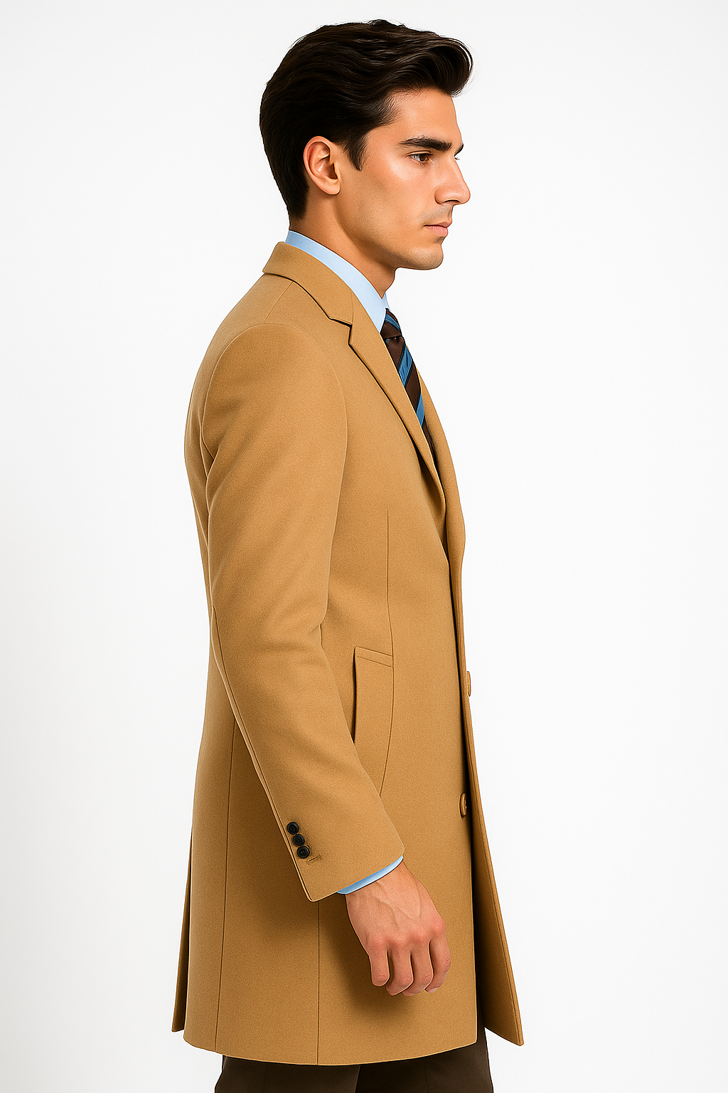 Men's Camel Wool & Cashmere Overcoat – Classic Full Length Topcoat - Small