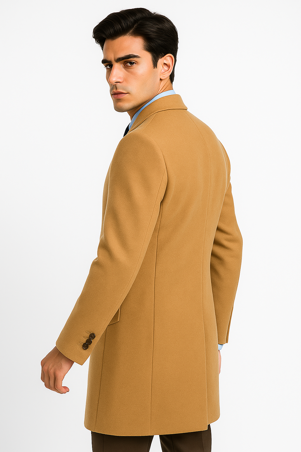 Men's Camel Wool & Cashmere Overcoat – Classic Full Length Topcoat - Small