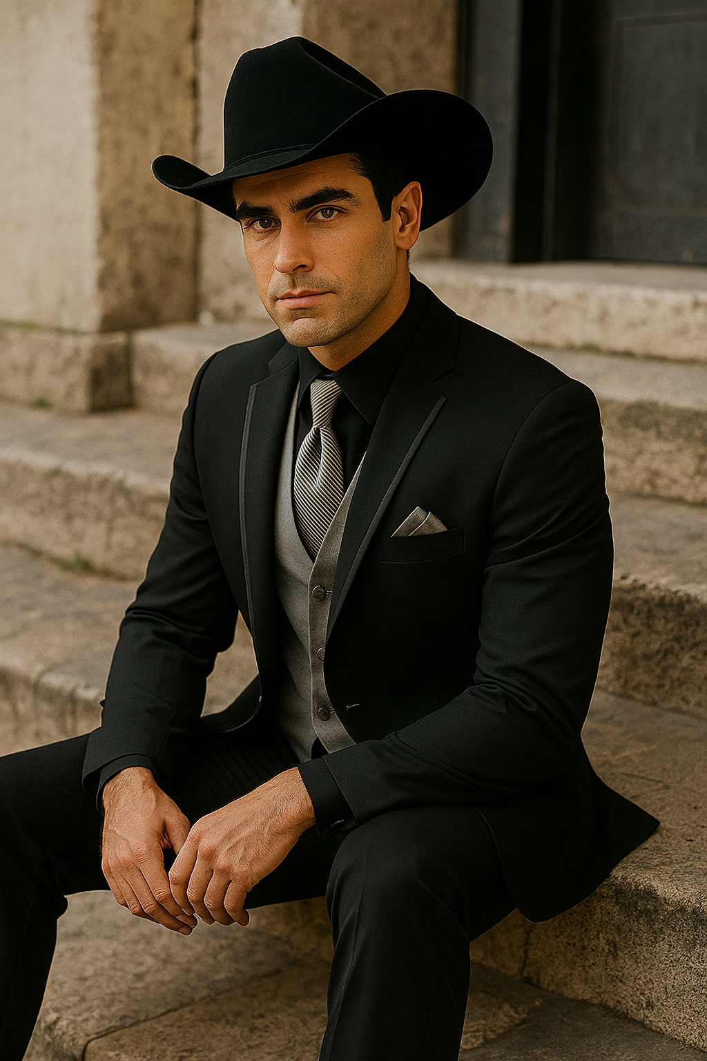 Mens Black Western Tuxedo with Silver Vest & Cowboy Hat â€“ Slim Fit - 34 Short or Extra Small