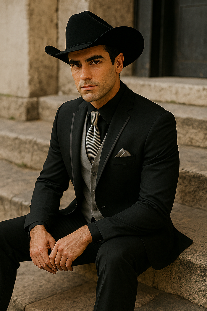 Mens Black Western Tuxedo with Silver Vest & Cowboy Hat â€“ Slim Fit