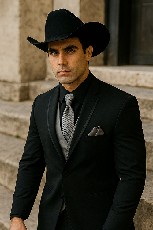 Mens Black Western Tuxedo with Silver Vest & Cowboy Hat â€“ Slim Fit
