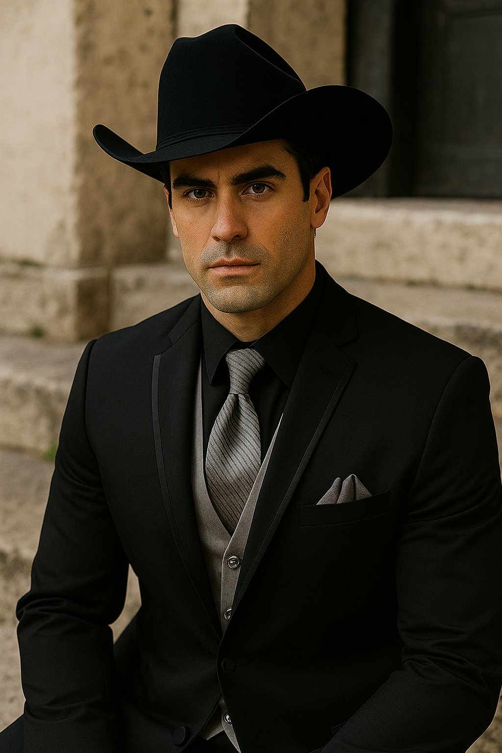 Mens Black Western Tuxedo with Silver Vest & Cowboy Hat â€“ Slim Fit - 34 Short or Extra Small