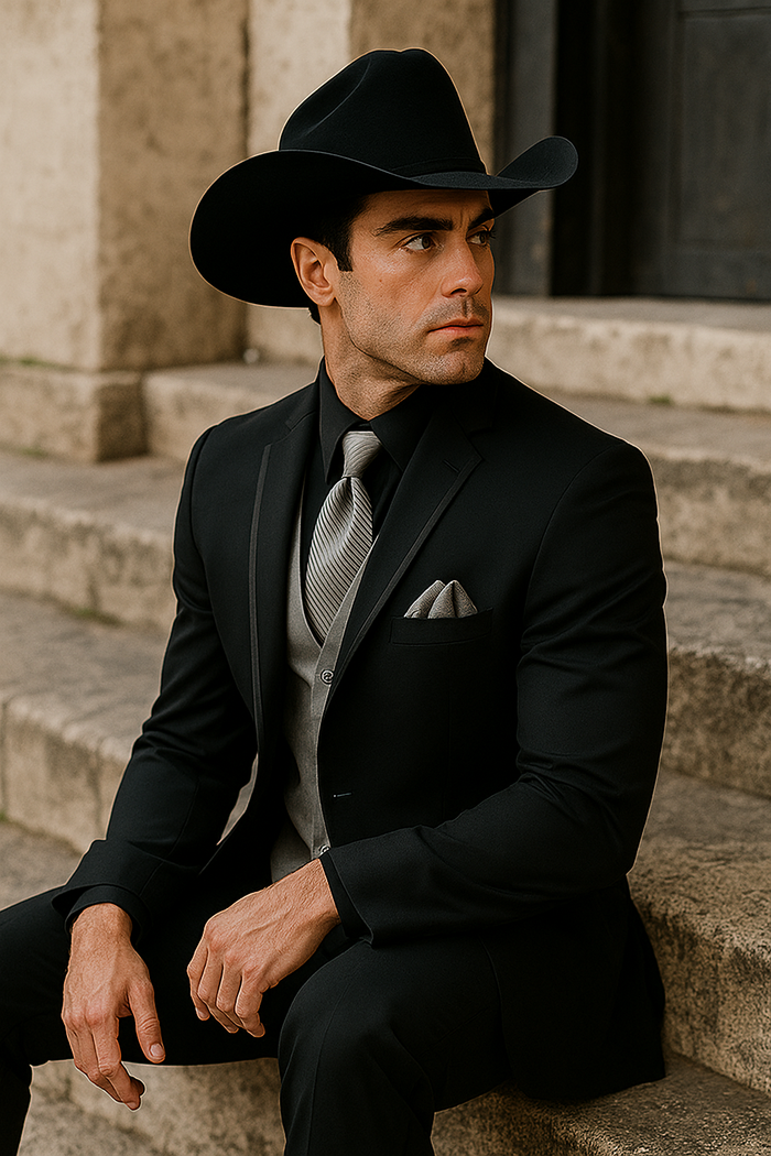 Mens Black Western Tuxedo with Silver Vest & Cowboy Hat â€“ Slim Fit