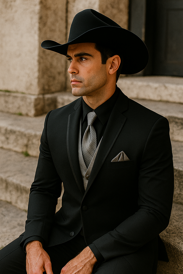 Mens Black Western Tuxedo with Silver Vest & Cowboy Hat â€“ Slim Fit