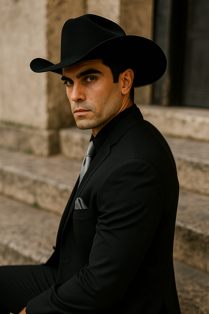Mens Black Western Tuxedo with Silver Vest & Cowboy Hat â€“ Slim Fit