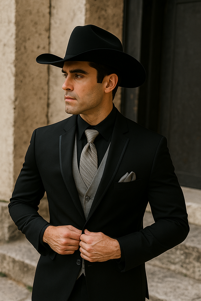 Mens Black Western Tuxedo with Silver Vest & Cowboy Hat â€“ Slim Fit