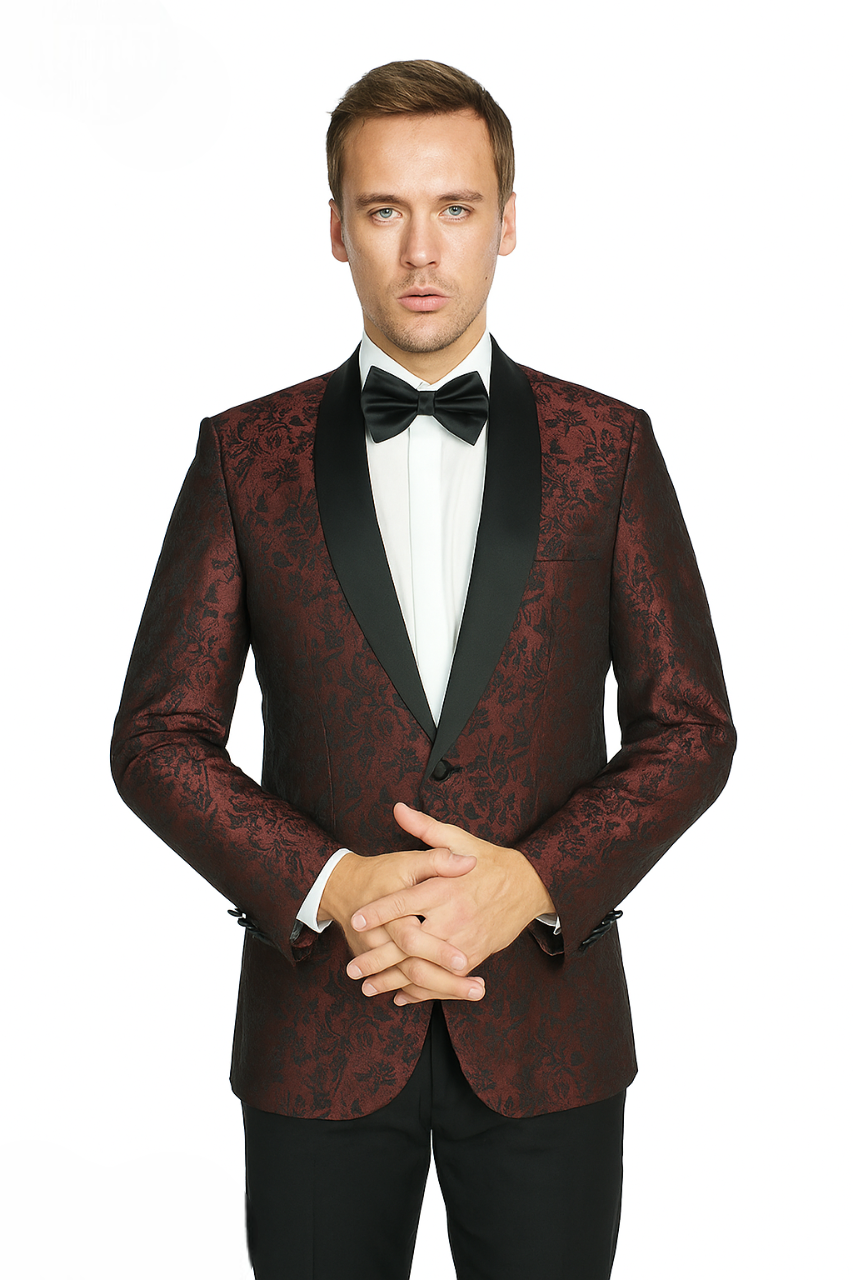 Shawl Jacquard Tuxedo by Giorgio Fiorelli in Burgundy, Gray - 34 Short or Extra Small