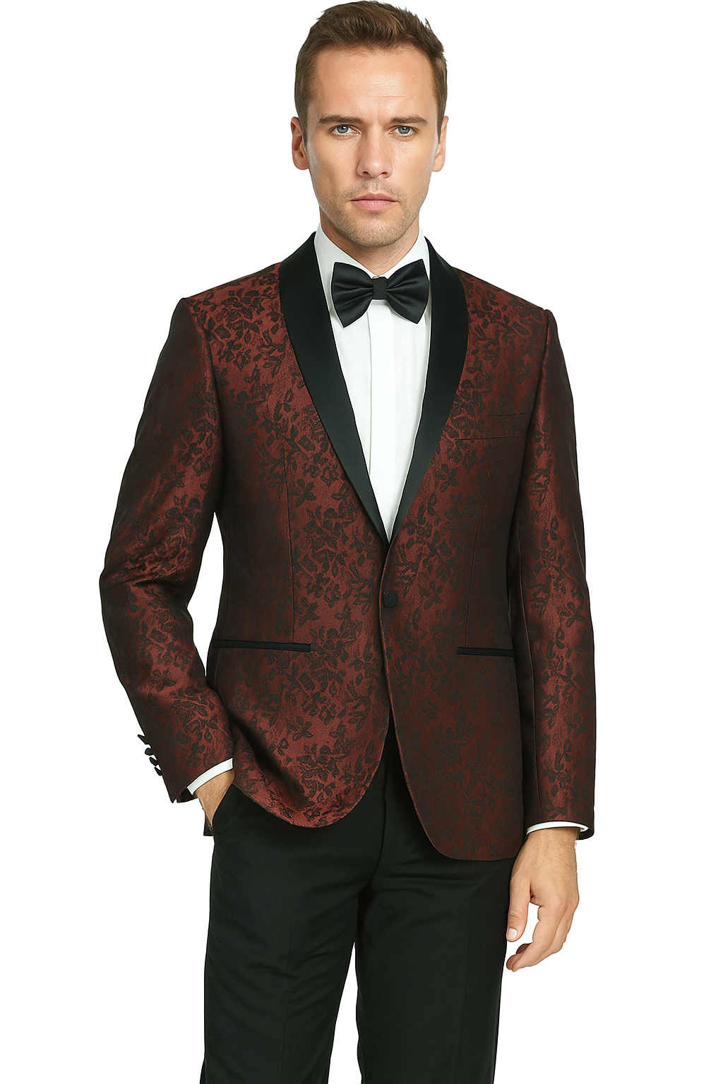 Shawl Jacquard Tuxedo by Giorgio Fiorelli in Burgundy, Gray - 34 Short or Extra Small