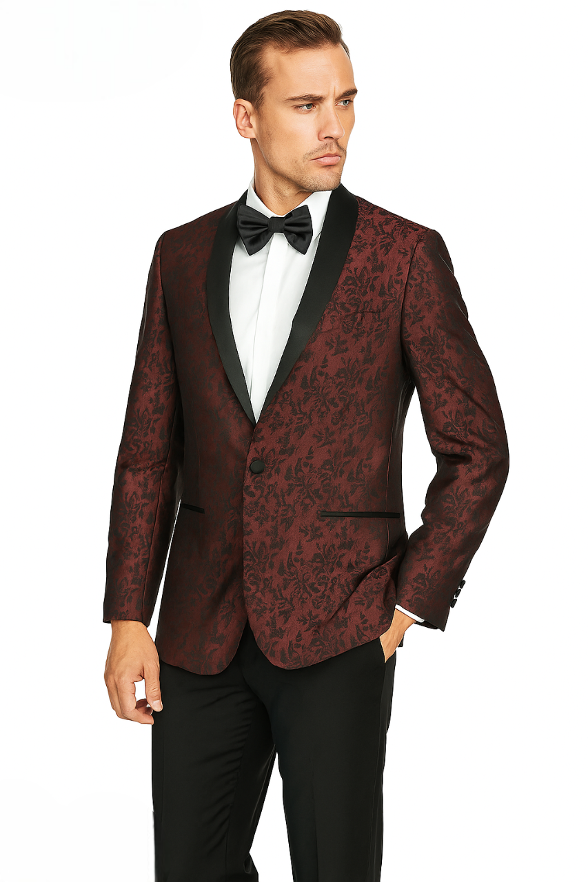 Shawl Jacquard Tuxedo by Giorgio Fiorelli in Burgundy, Gray - 34 Short or Extra Small