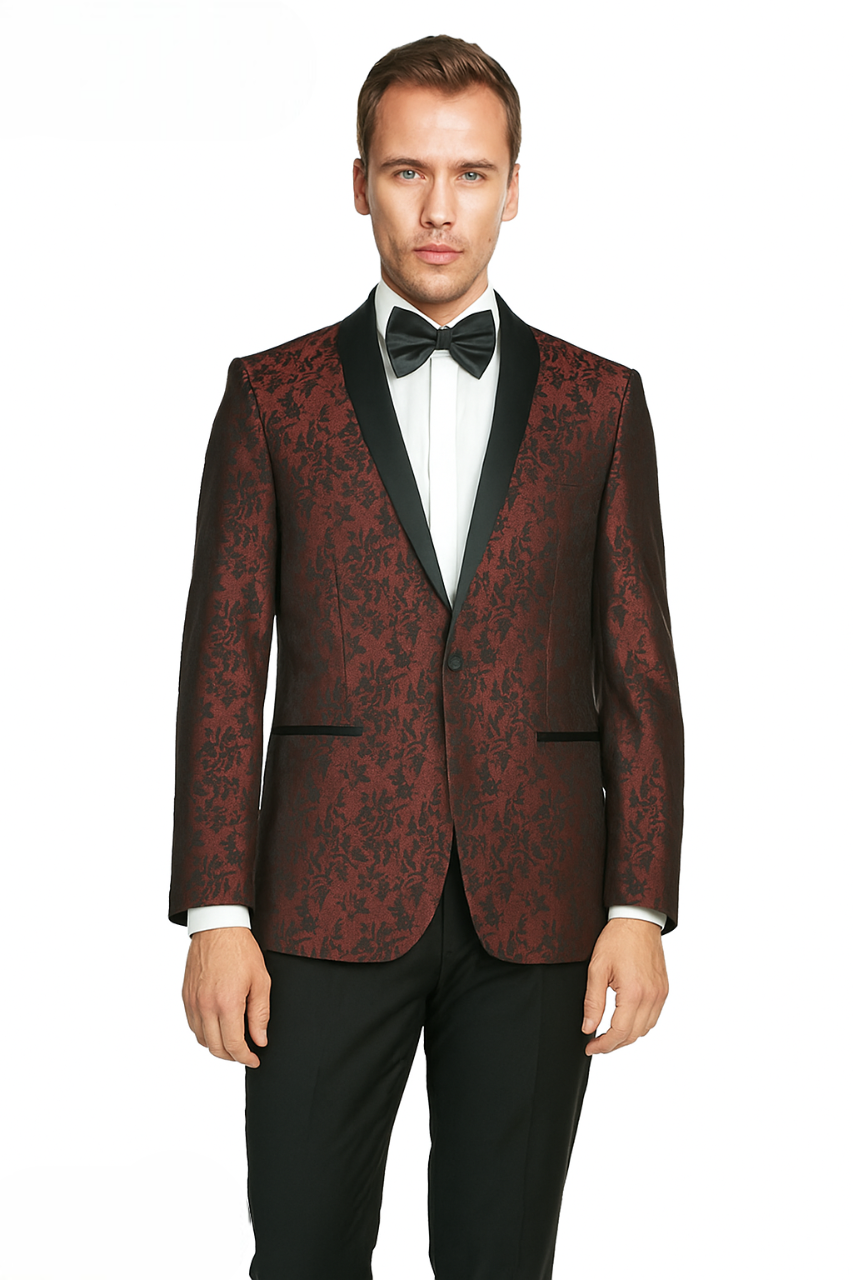 Shawl Jacquard Tuxedo by Giorgio Fiorelli in Burgundy, Gray - 34 Short or Extra Small