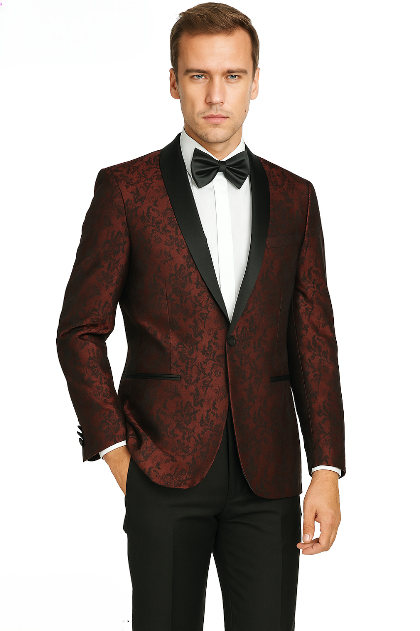 Shawl Jacquard Tuxedo by Giorgio Fiorelli in Burgundy, Gray - 34 Short or Extra Small
