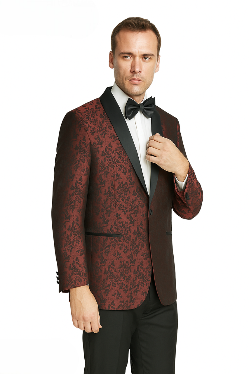 Shawl Jacquard Tuxedo by Giorgio Fiorelli in Burgundy, Gray - 34 Short or Extra Small