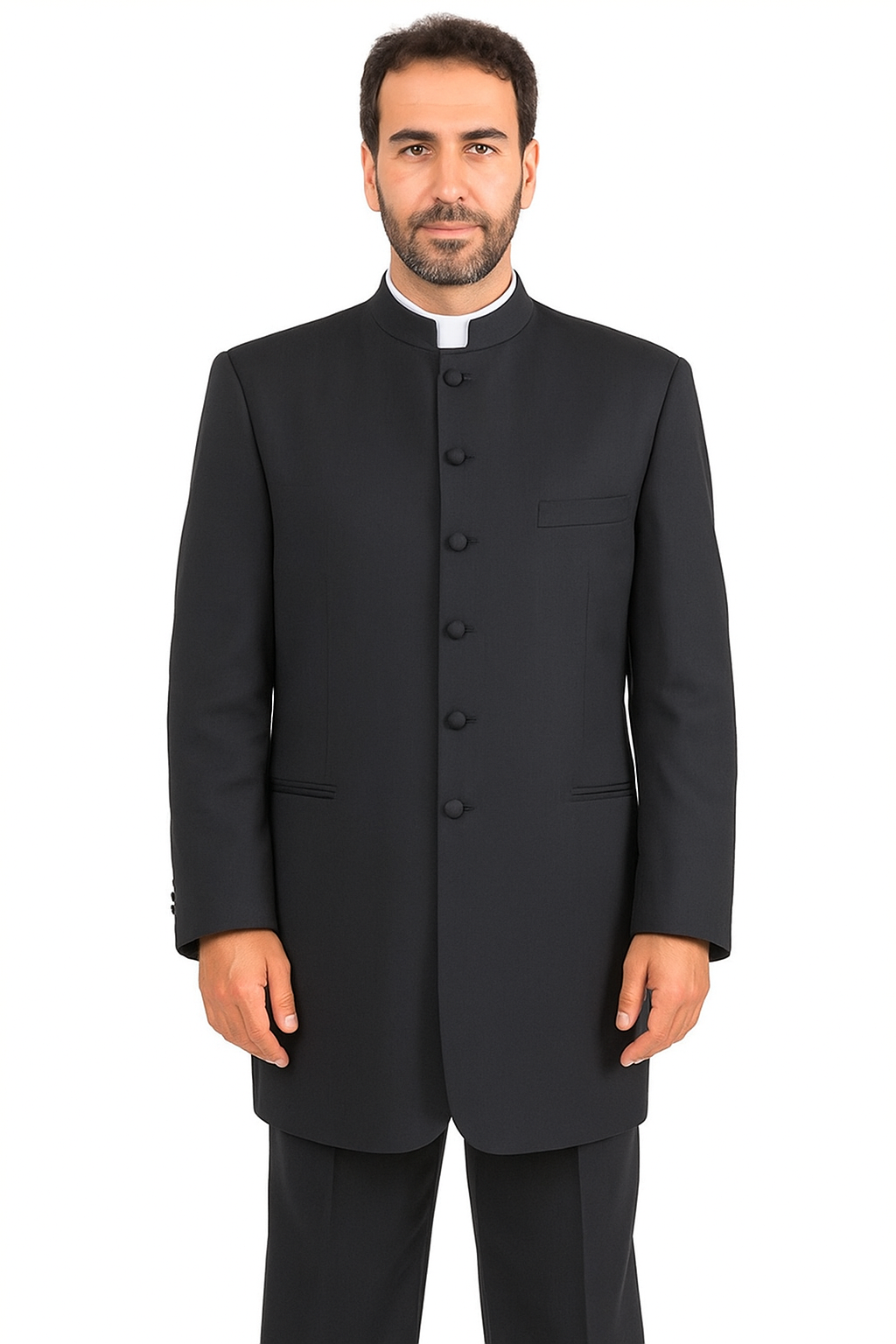 Mandarin Collar Tuxedo - Mandarin Tuxedo - No Collar Suit - Black Suit - 38 Short Jacket+32 Waist Adjustable 28to34)(Height: 5’4”to5’7”)(Neck 15-16.5)S-M)