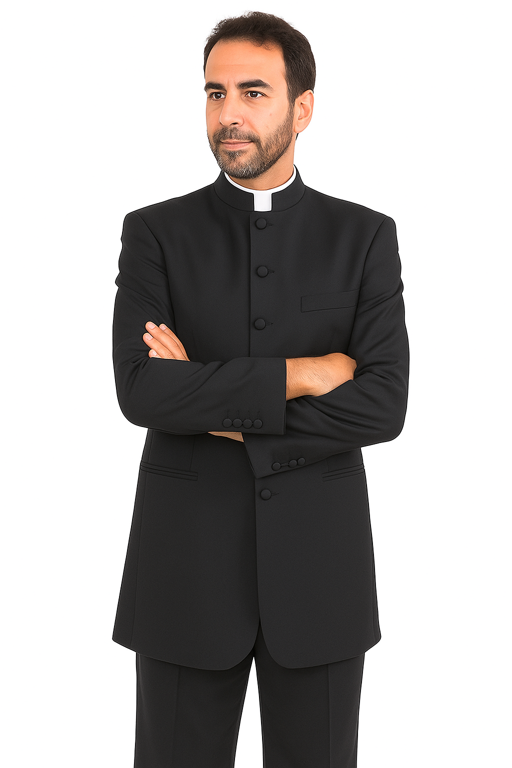 Mandarin Collar Tuxedo - Mandarin Tuxedo - No Collar Suit - Black Suit - 38 Short Jacket+32 Waist Adjustable 28to34)(Height: 5’4”to5’7”)(Neck 15-16.5)S-M)