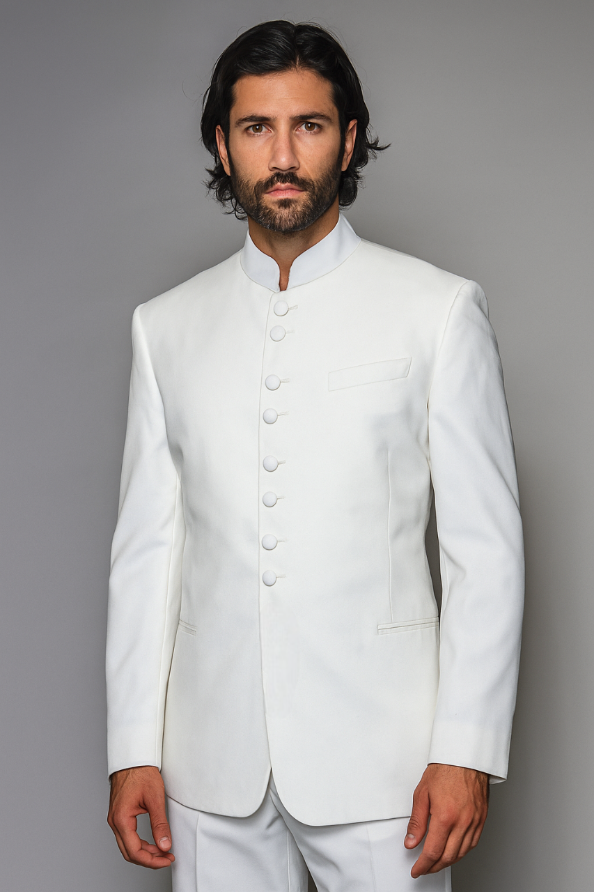 Quality Pure Snow White Mandarin Collar Tuxedo Suits For Men Light Weight Soft Fabric - All White Suit - 34 Short or Extra Small