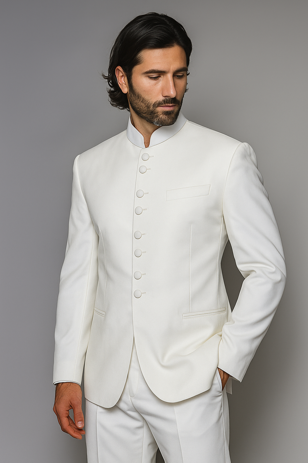 Quality Pure Snow White Mandarin Collar Tuxedo Suits For Men Light Weight Soft Fabric - All White Suit - 34 Short or Extra Small