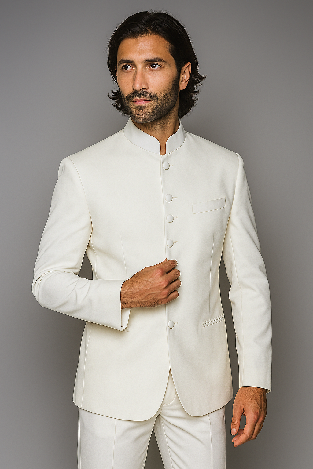 Quality Pure Snow White Mandarin Collar Tuxedo Suits For Men Light Weight Soft Fabric - All White Suit - 34 Short or Extra Small