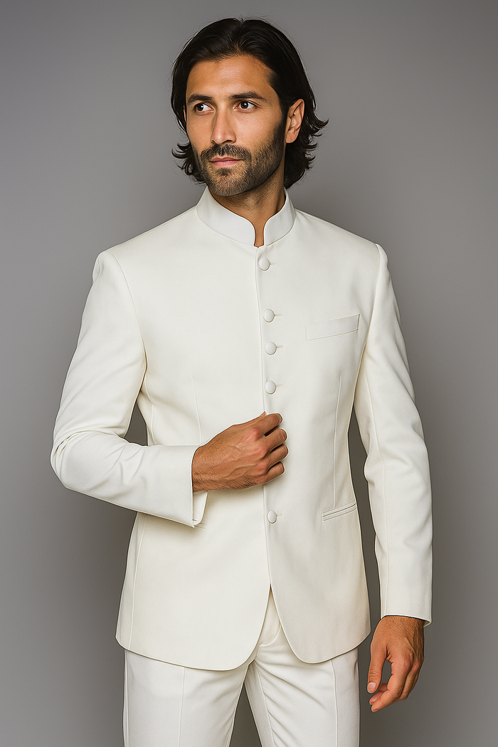 Quality Pure Snow White Mandarin Collar Tuxedo Suits For Men Light Weight Soft Fabric - All White Suit