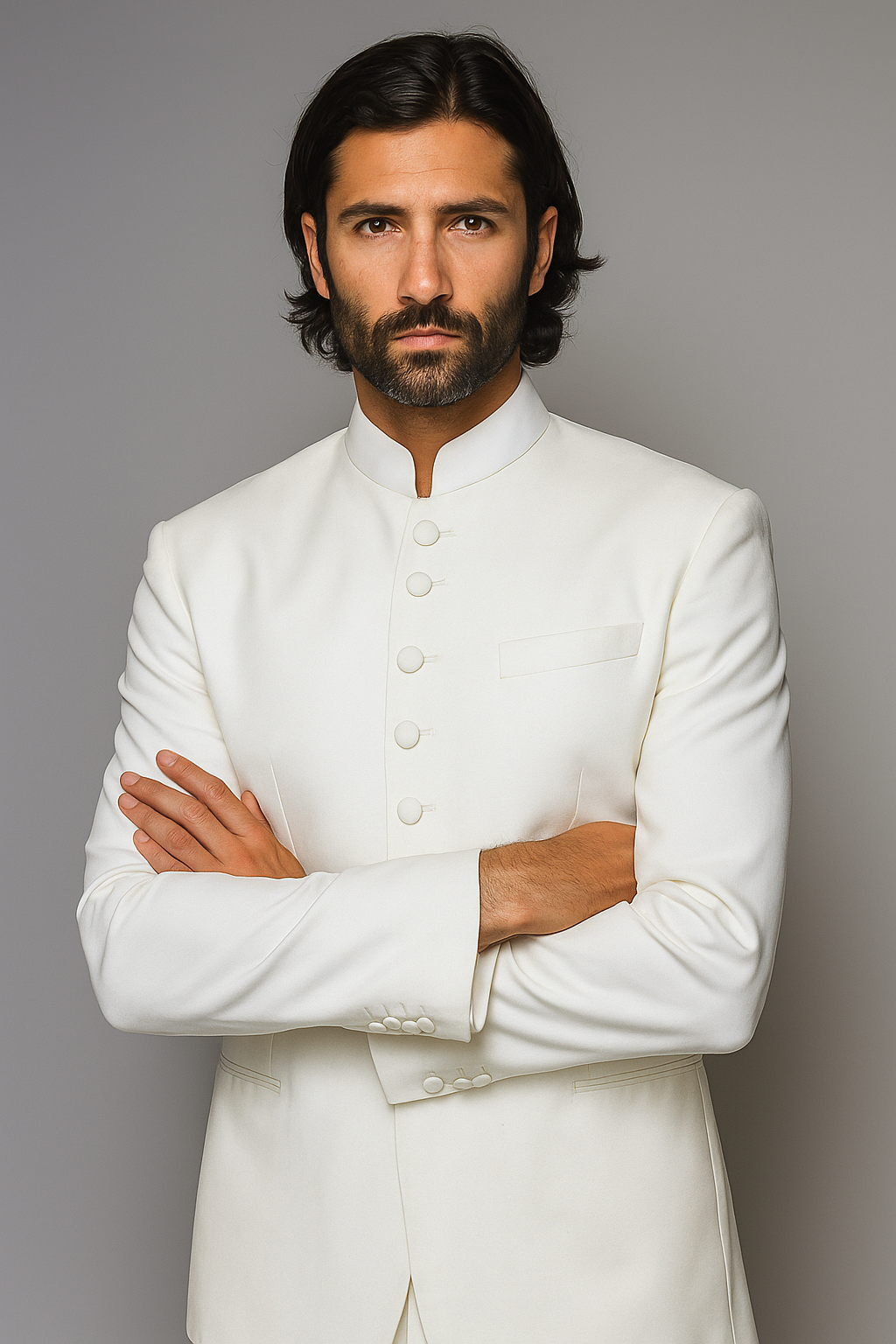 Quality Pure Snow White Mandarin Collar Tuxedo Suits For Men Light Weight Soft Fabric - All White Suit - 34 Short or Extra Small
