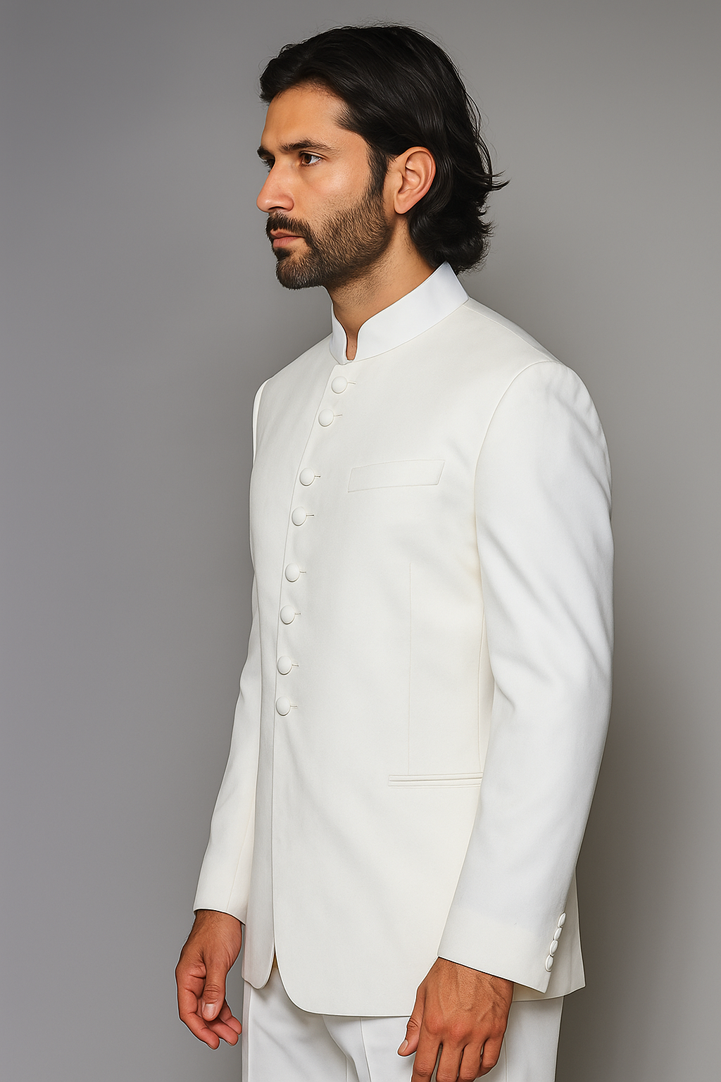 Quality Pure Snow White Mandarin Collar Tuxedo Suits For Men Light Weight Soft Fabric - All White Suit - 34 Short or Extra Small