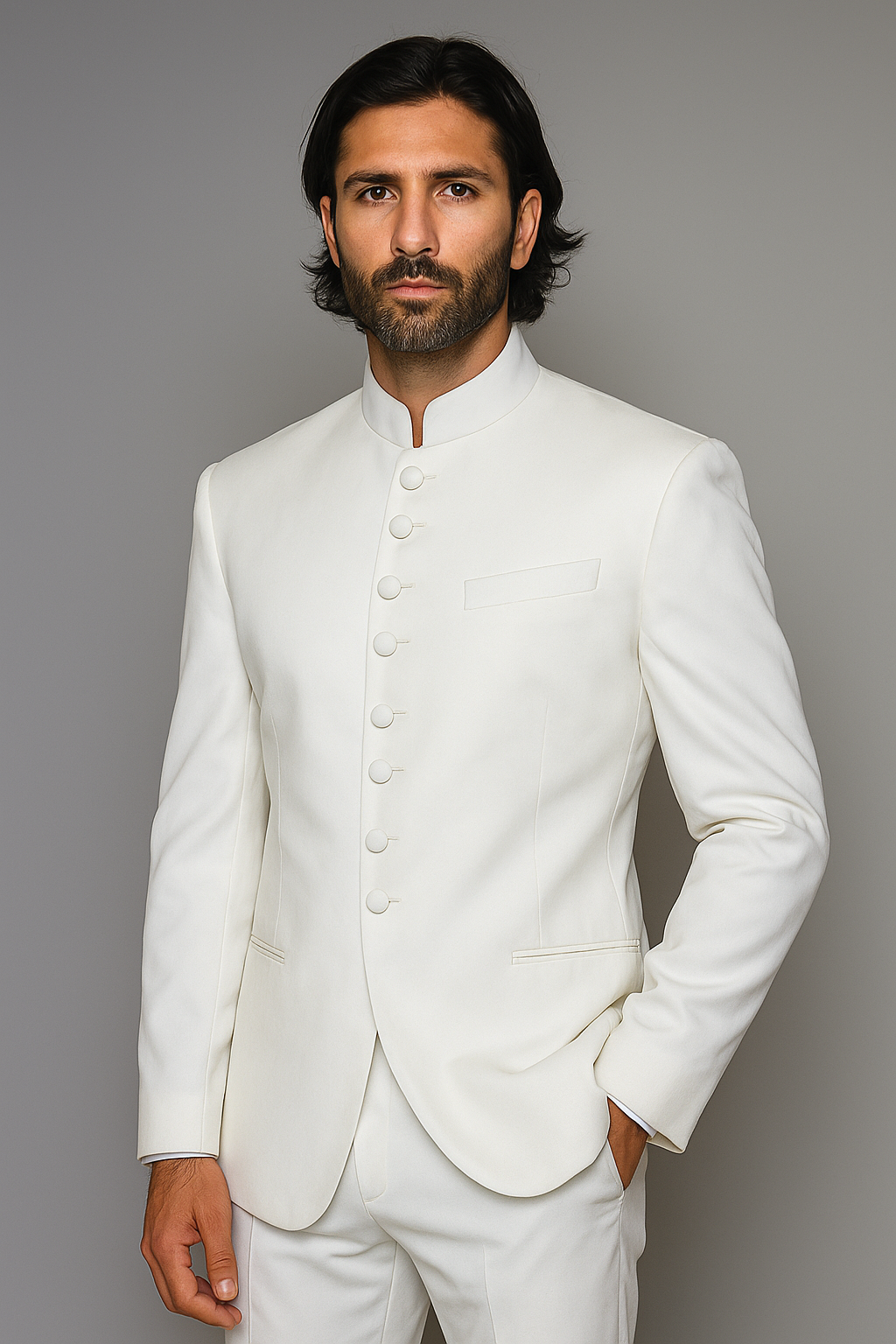 Quality Pure Snow White Mandarin Collar Tuxedo Suits For Men Light Weight Soft Fabric - All White Suit - 34 Short or Extra Small