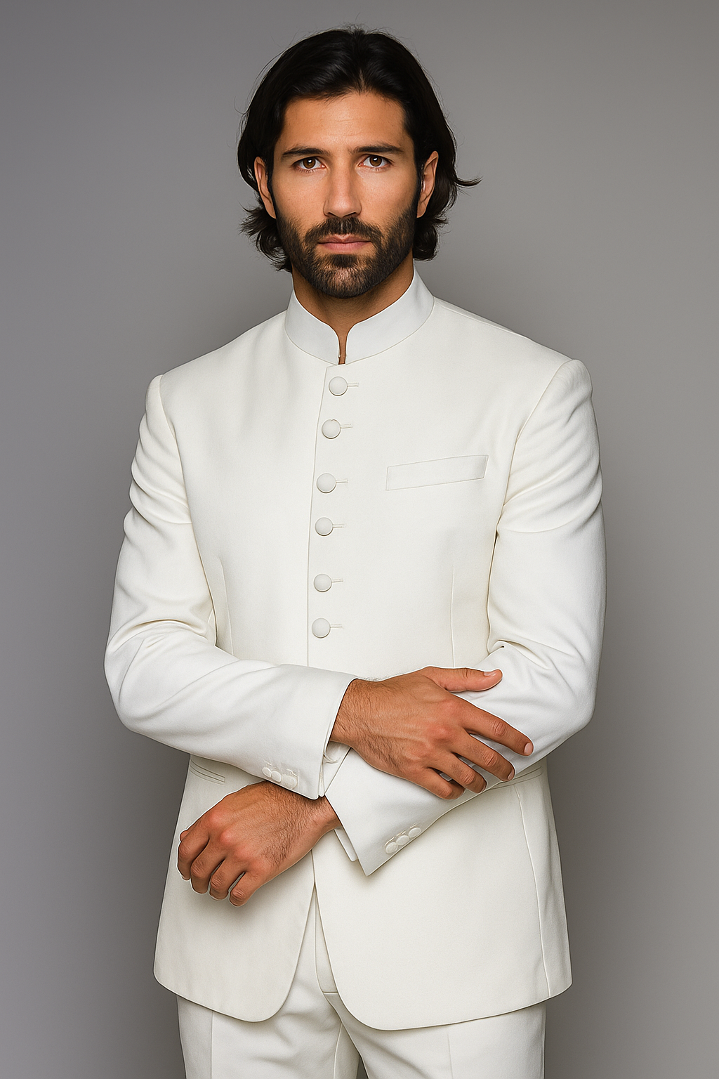 Quality Pure Snow White Mandarin Collar Tuxedo Suits For Men Light Weight Soft Fabric - All White Suit - 34 Short or Extra Small