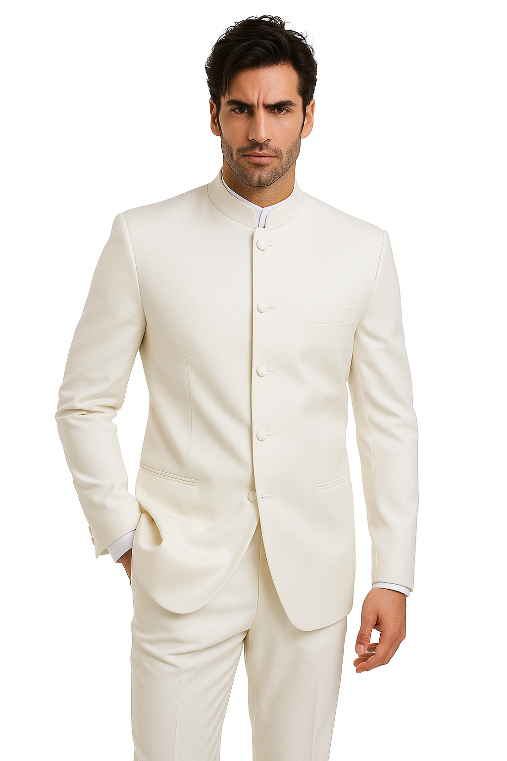 Mandarin Collar Tuxedo - Mandarin Tuxedo - No Collar Suit - Ivory Suit - 34 Short or Extra Small