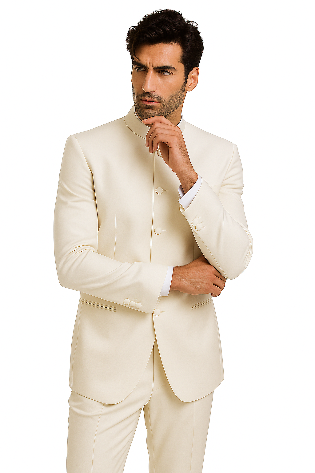 Mandarin Collar Tuxedo - Mandarin Tuxedo - No Collar Suit - Ivory Suit - 34 Short or Extra Small