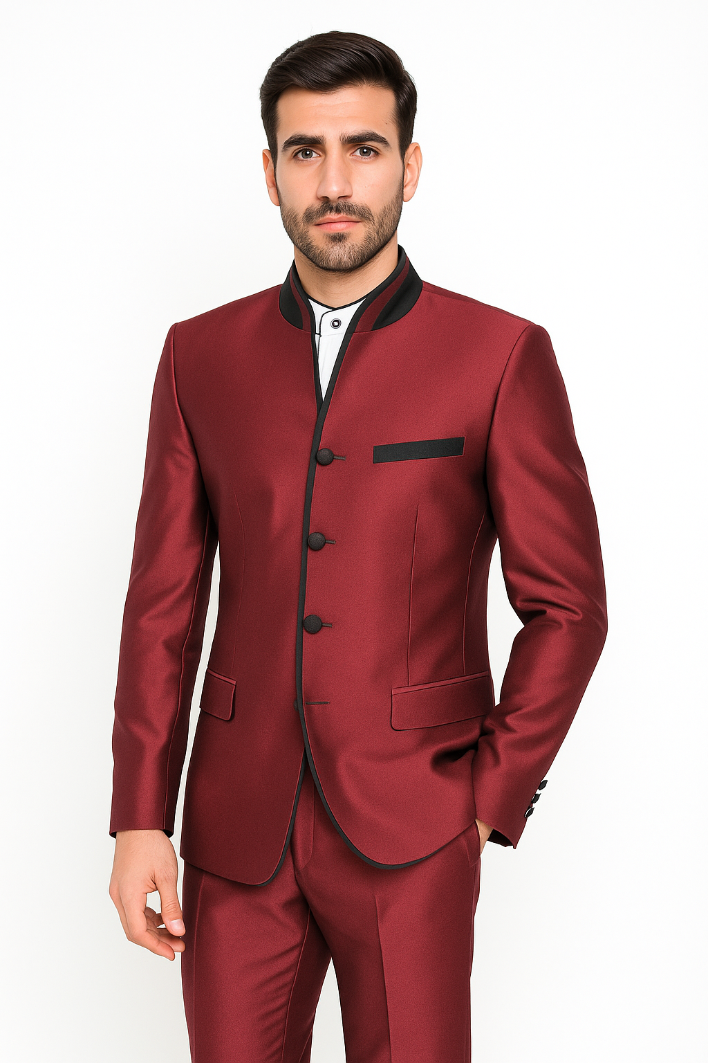 Mandarin Collar Tuxedo - Mandarin Tuxedo - No Collar Suit - Wine Suit - 38 Short Jacket+32 Waist Adjustable 28to34)(Height: 5’4”to5’7”)(Neck 15-16.5)S-M)