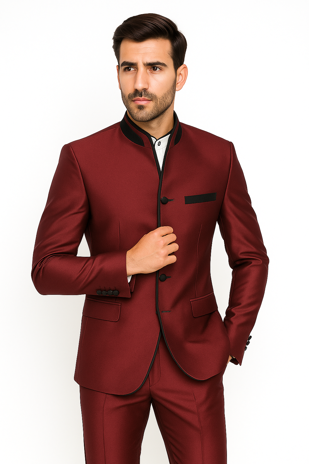 Mandarin Collar Tuxedo - Mandarin Tuxedo - No Collar Suit - Wine Suit - 38 Short Jacket+32 Waist Adjustable 28to34)(Height: 5’4”to5’7”)(Neck 15-16.5)S-M)