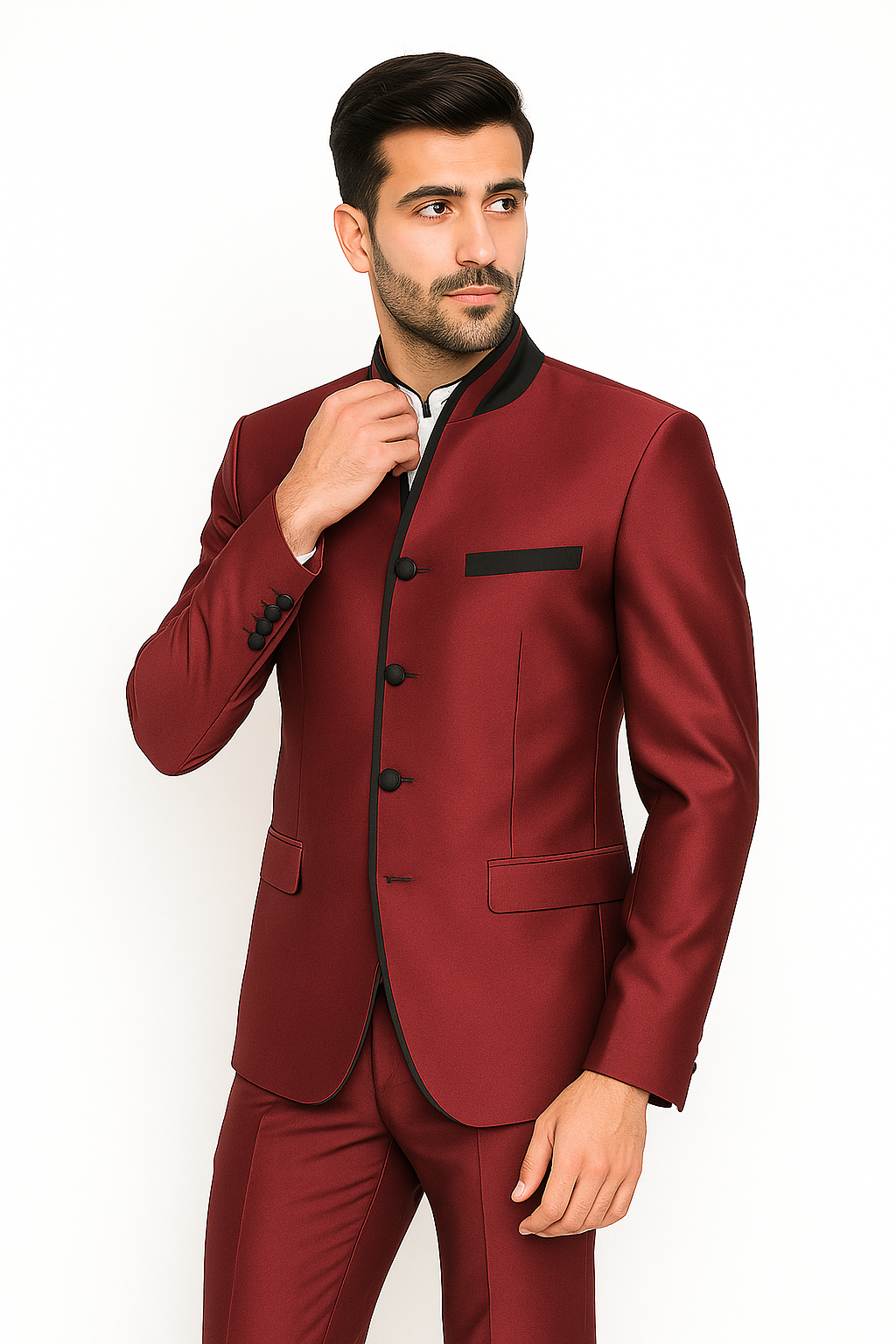 Mandarin Collar Tuxedo - Mandarin Tuxedo - No Collar Suit - Wine Suit - 38 Short Jacket+32 Waist Adjustable 28to34)(Height: 5’4”to5’7”)(Neck 15-16.5)S-M)