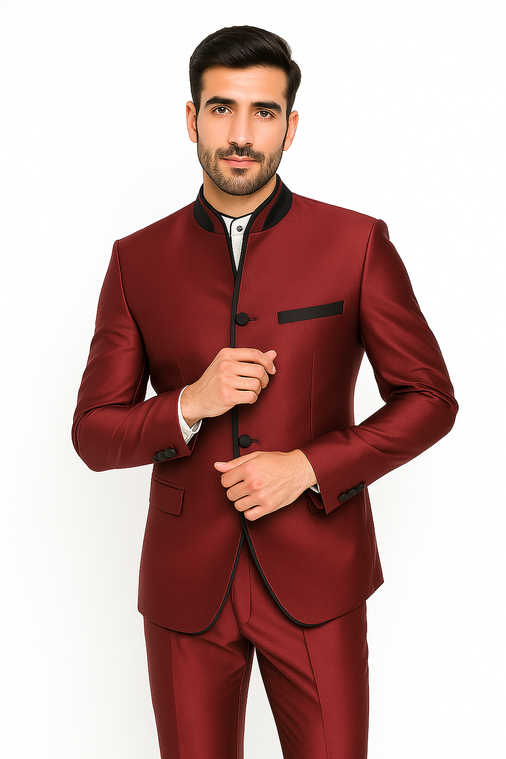 Mandarin Collar Tuxedo - Mandarin Tuxedo - No Collar Suit - Wine Suit - 38 Short Jacket+32 Waist Adjustable 28to34)(Height: 5’4”to5’7”)(Neck 15-16.5)S-M)