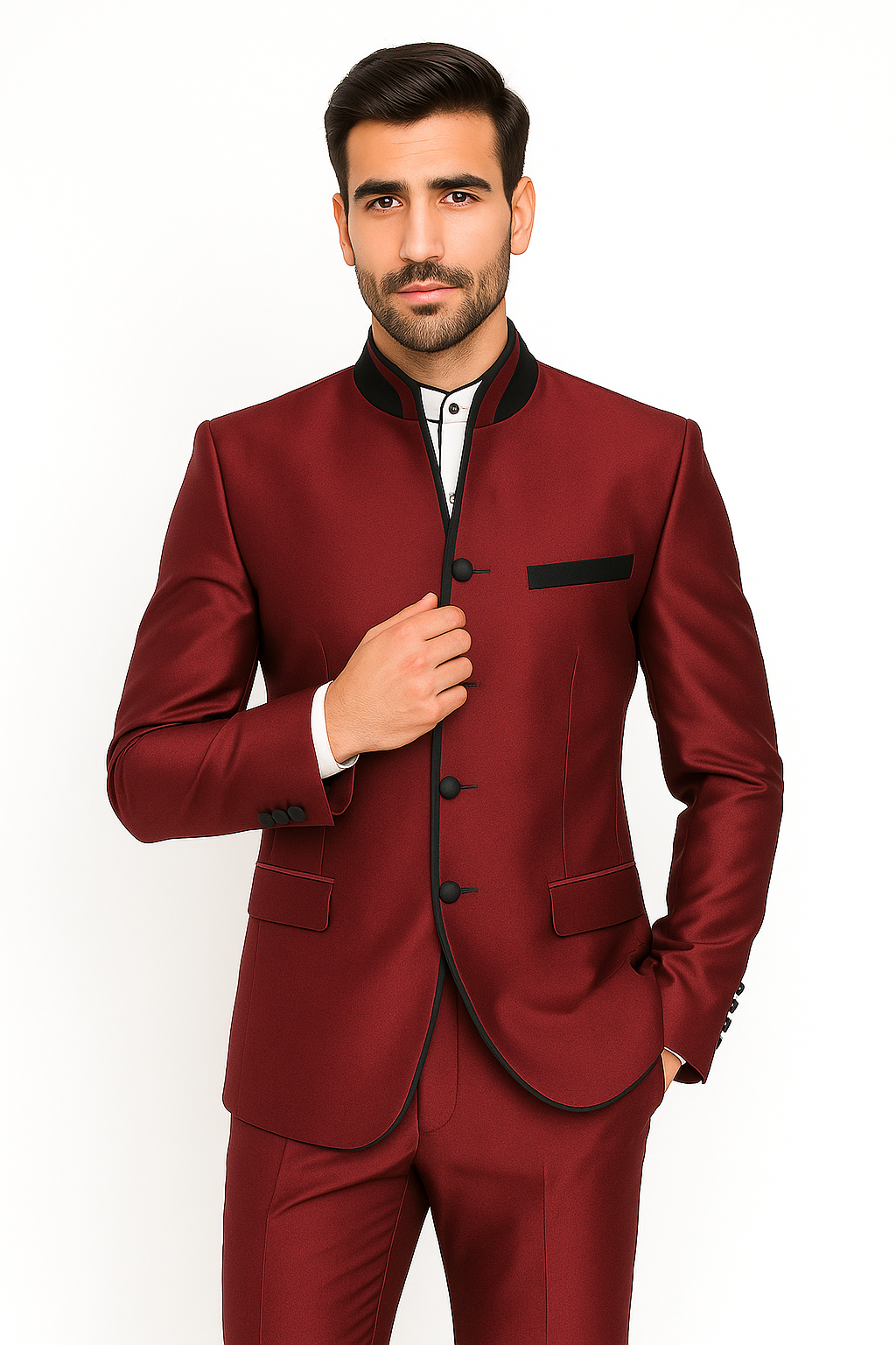 Mandarin Collar Tuxedo - Mandarin Tuxedo - No Collar Suit - Wine Suit - 38 Short Jacket+32 Waist Adjustable 28to34)(Height: 5’4”to5’7”)(Neck 15-16.5)S-M)