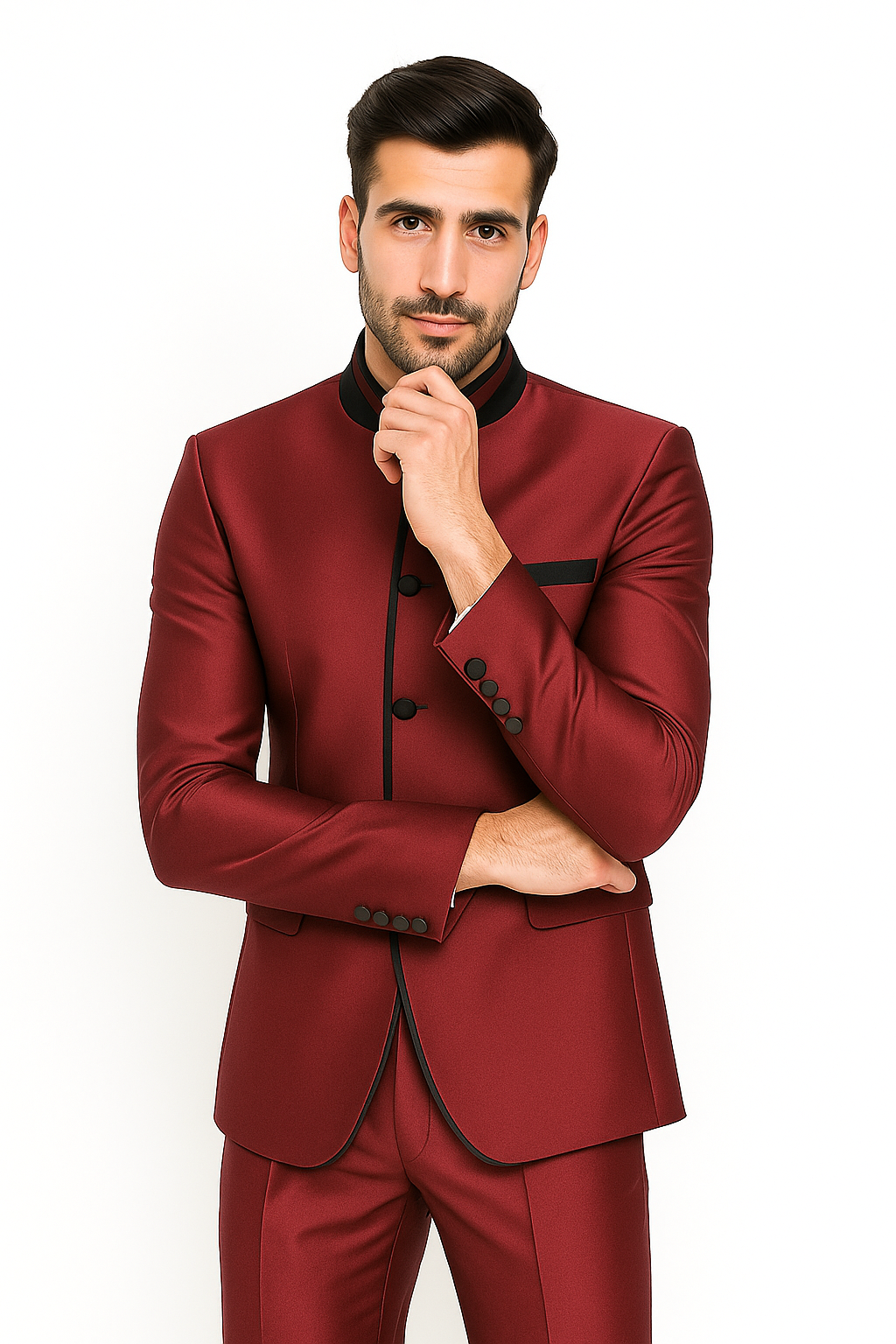Mandarin Collar Tuxedo - Mandarin Tuxedo - No Collar Suit - Wine Suit