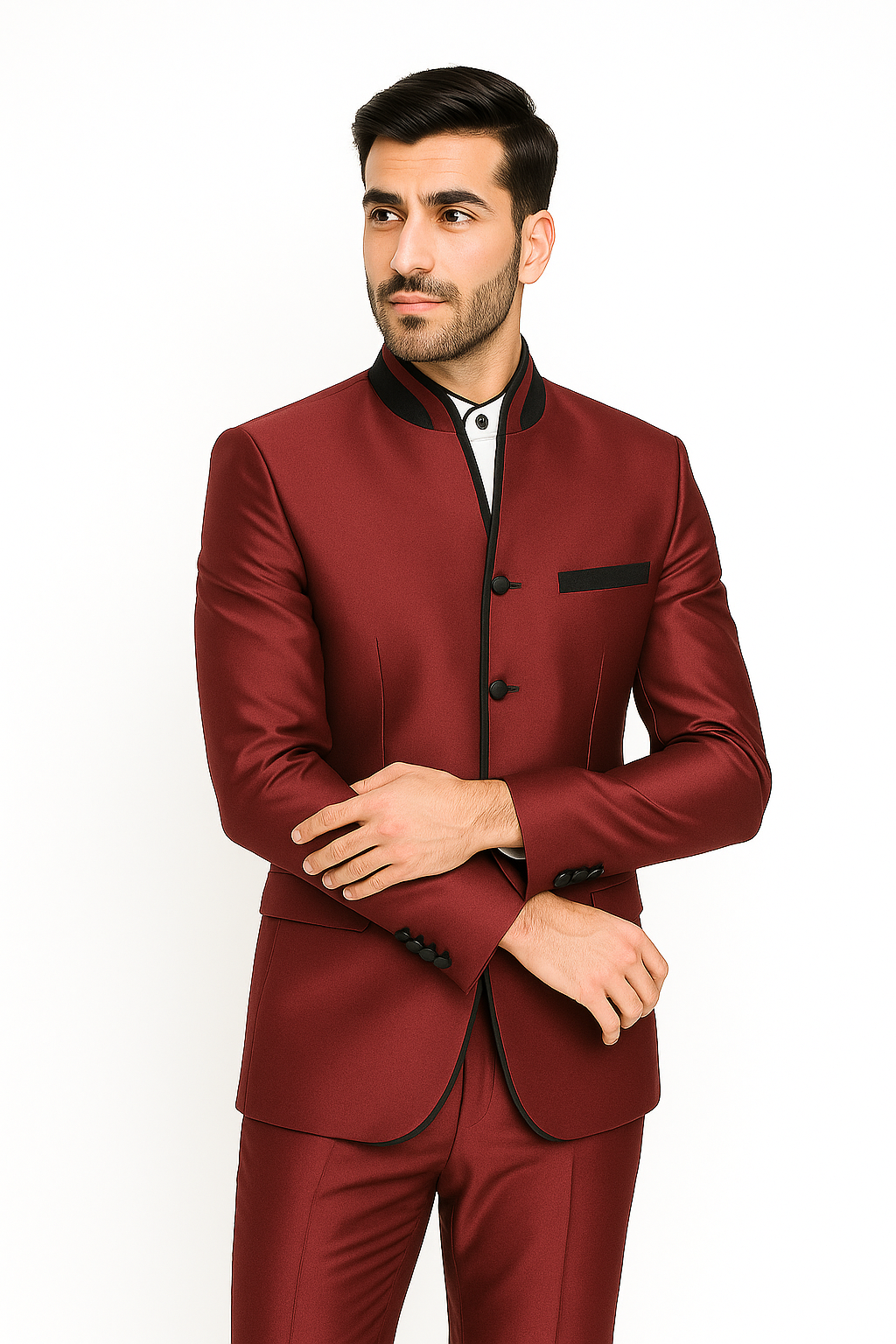 Mandarin Collar Tuxedo - Mandarin Tuxedo - No Collar Suit - Wine Suit - 38 Short Jacket+32 Waist Adjustable 28to34)(Height: 5’4”to5’7”)(Neck 15-16.5)S-M)