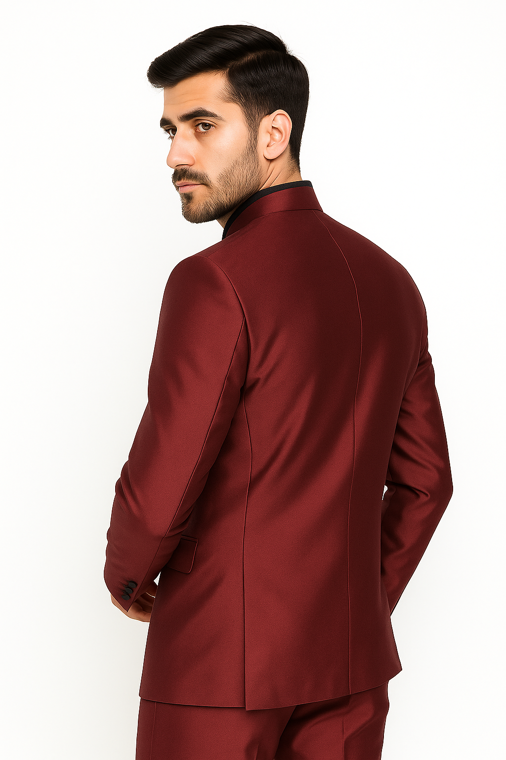 Mandarin Collar Tuxedo - Mandarin Tuxedo - No Collar Suit - Wine Suit - 38 Short Jacket+32 Waist Adjustable 28to34)(Height: 5’4”to5’7”)(Neck 15-16.5)S-M)