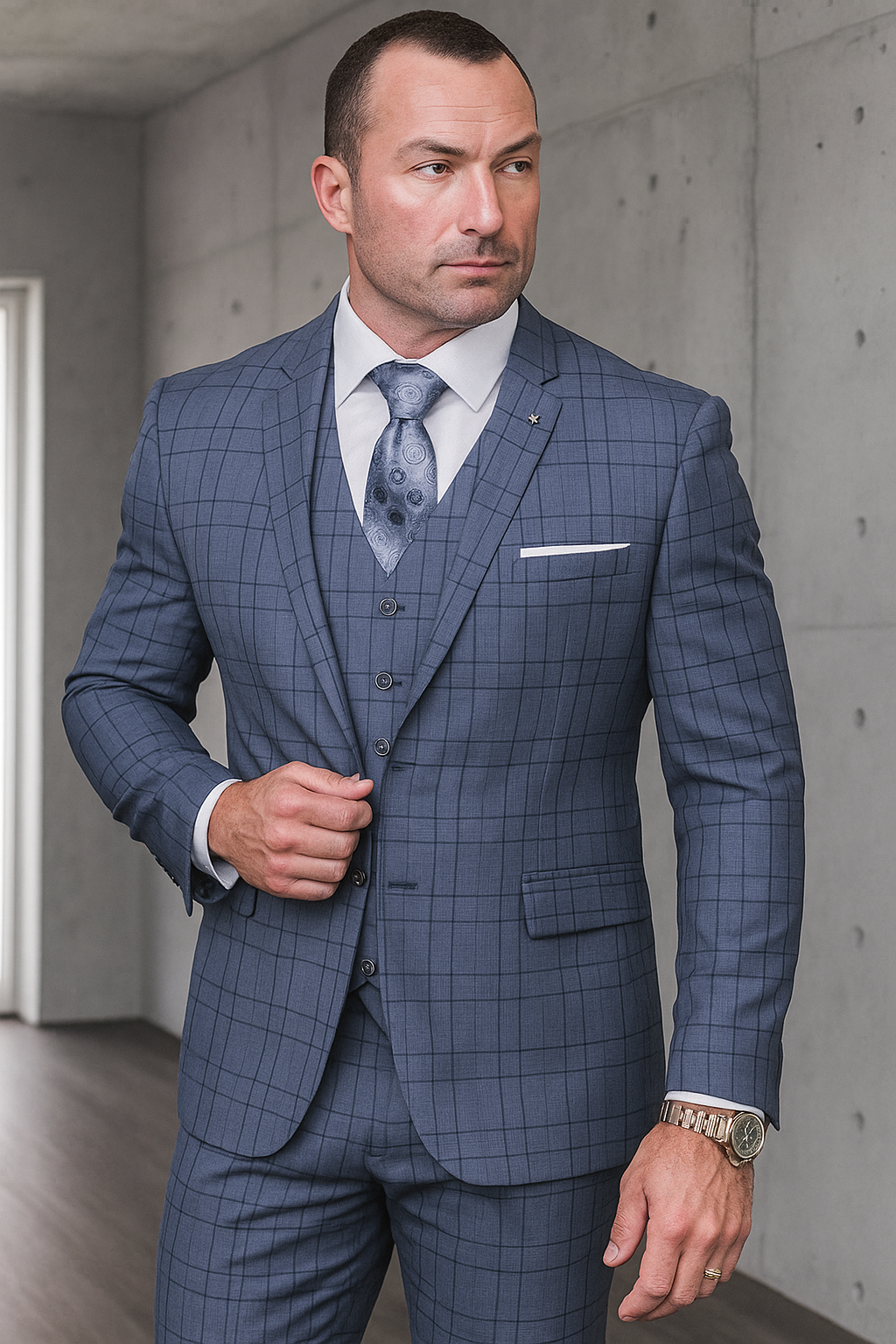 Statement Suits - Plaid Suits - Business Suits Italian Vested Suits Blue - 52 Long Jacket+46 Waist Adjust 42 to 48)(Height:6"-6.4")(Neck 18.5-20:XXL-XXXL)