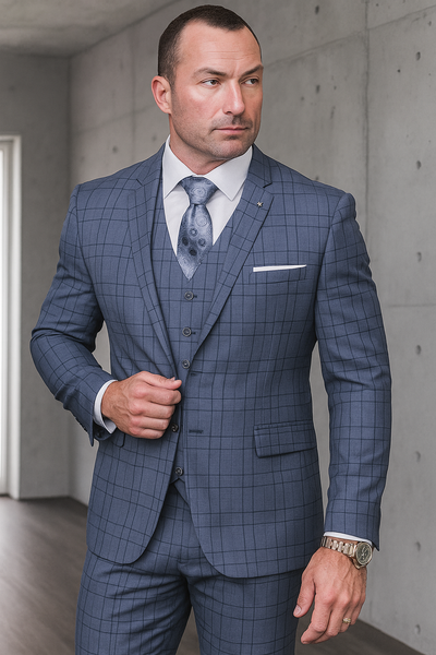 Statement Suits - Plaid Suits - Business Suits Italian Vested Suits Blue