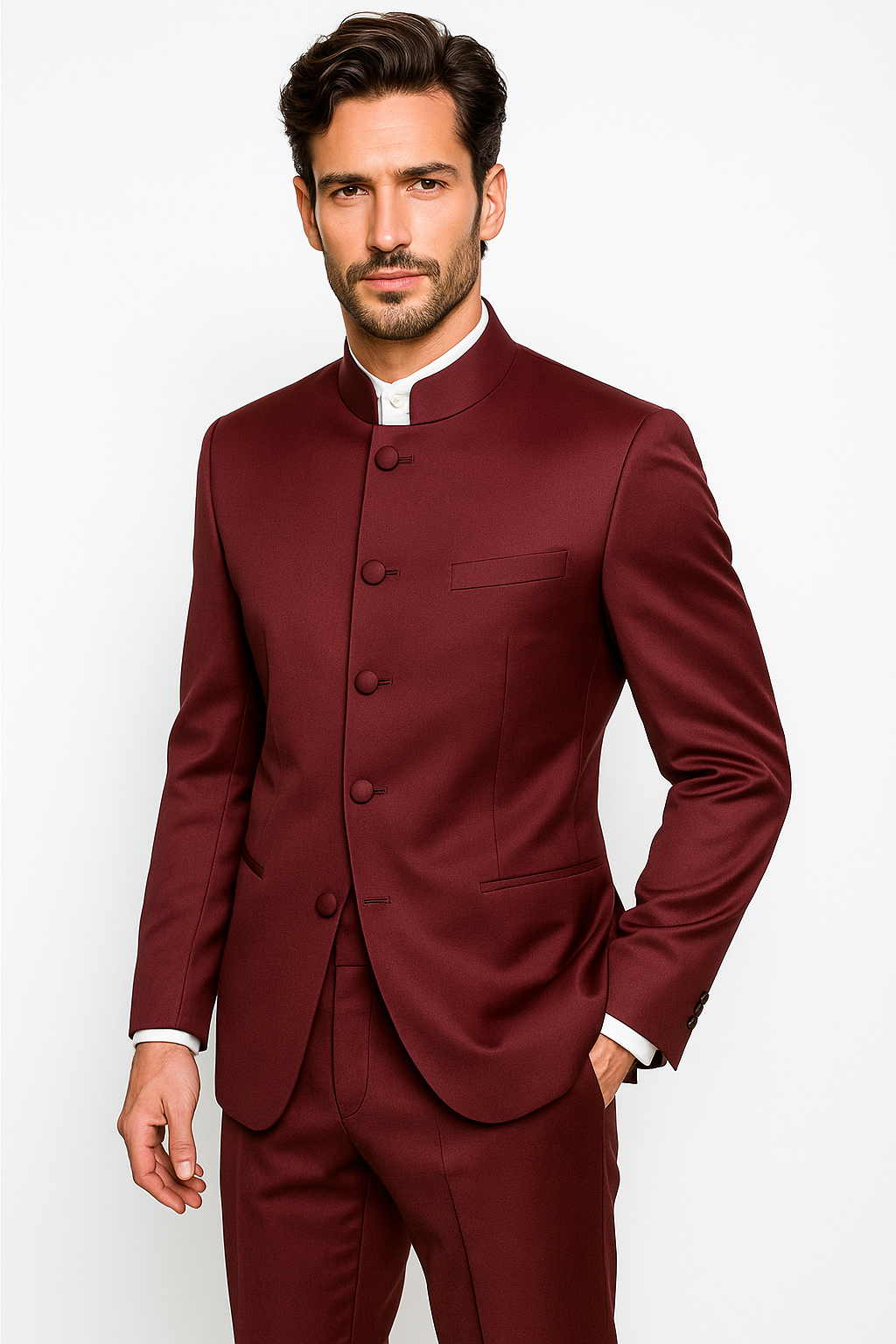 Mandarin Collar Tuxedo - Mandarin Tuxedo - No Collar Suit - Burgundy Suit - 34 Short or Extra Small