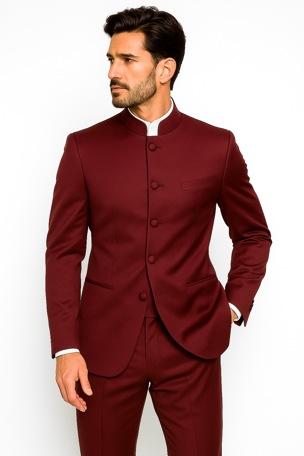 Mandarin Collar Tuxedo - Mandarin Tuxedo - No Collar Suit - Burgundy Suit - 34 Short or Extra Small