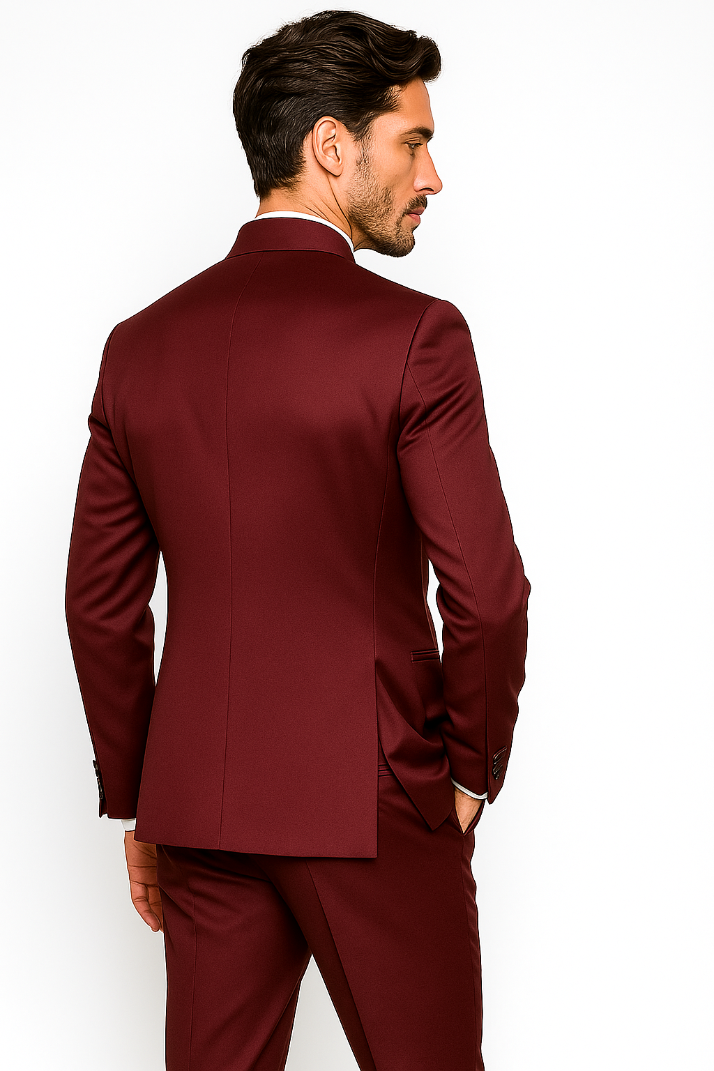 Mandarin Collar Tuxedo - Mandarin Tuxedo - No Collar Suit - Burgundy Suit - 34 Short or Extra Small
