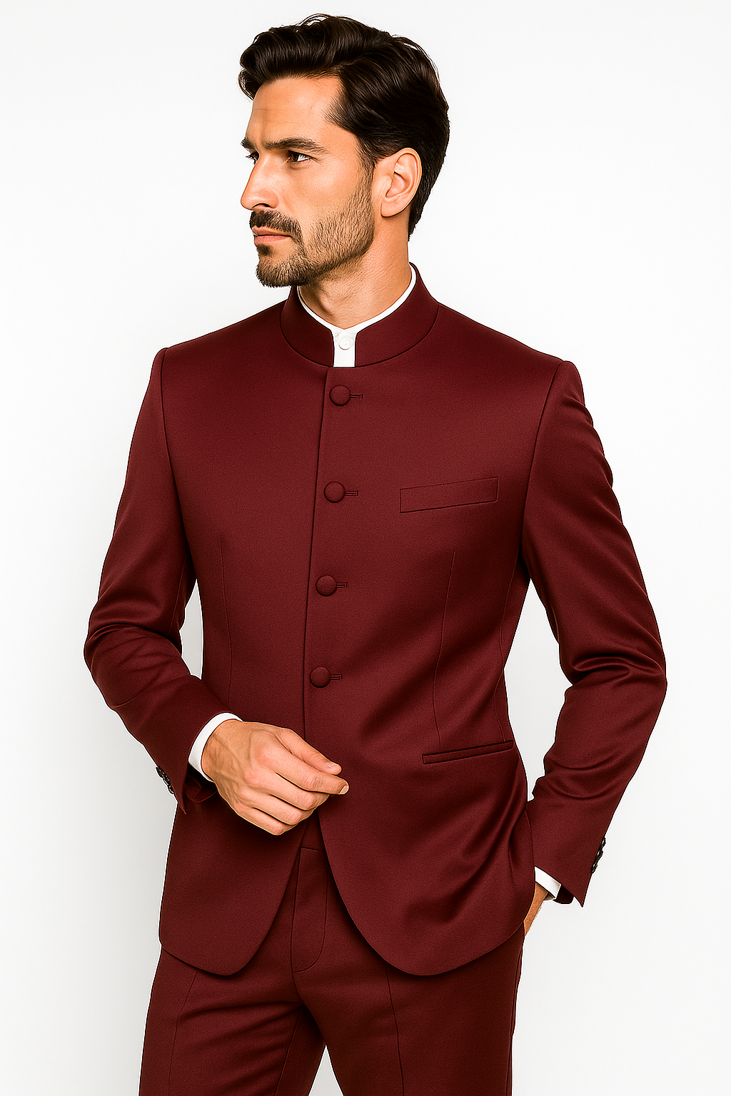 Mandarin Collar Tuxedo - Mandarin Tuxedo - No Collar Suit - Burgundy Suit - 34 Short or Extra Small