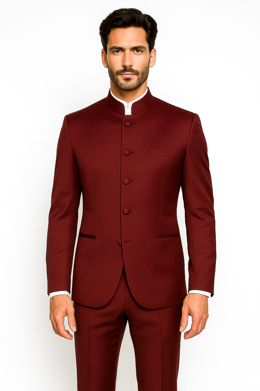 Mandarin Collar Tuxedo - Mandarin Tuxedo - No Collar Suit - Burgundy Suit - 34 Short or Extra Small