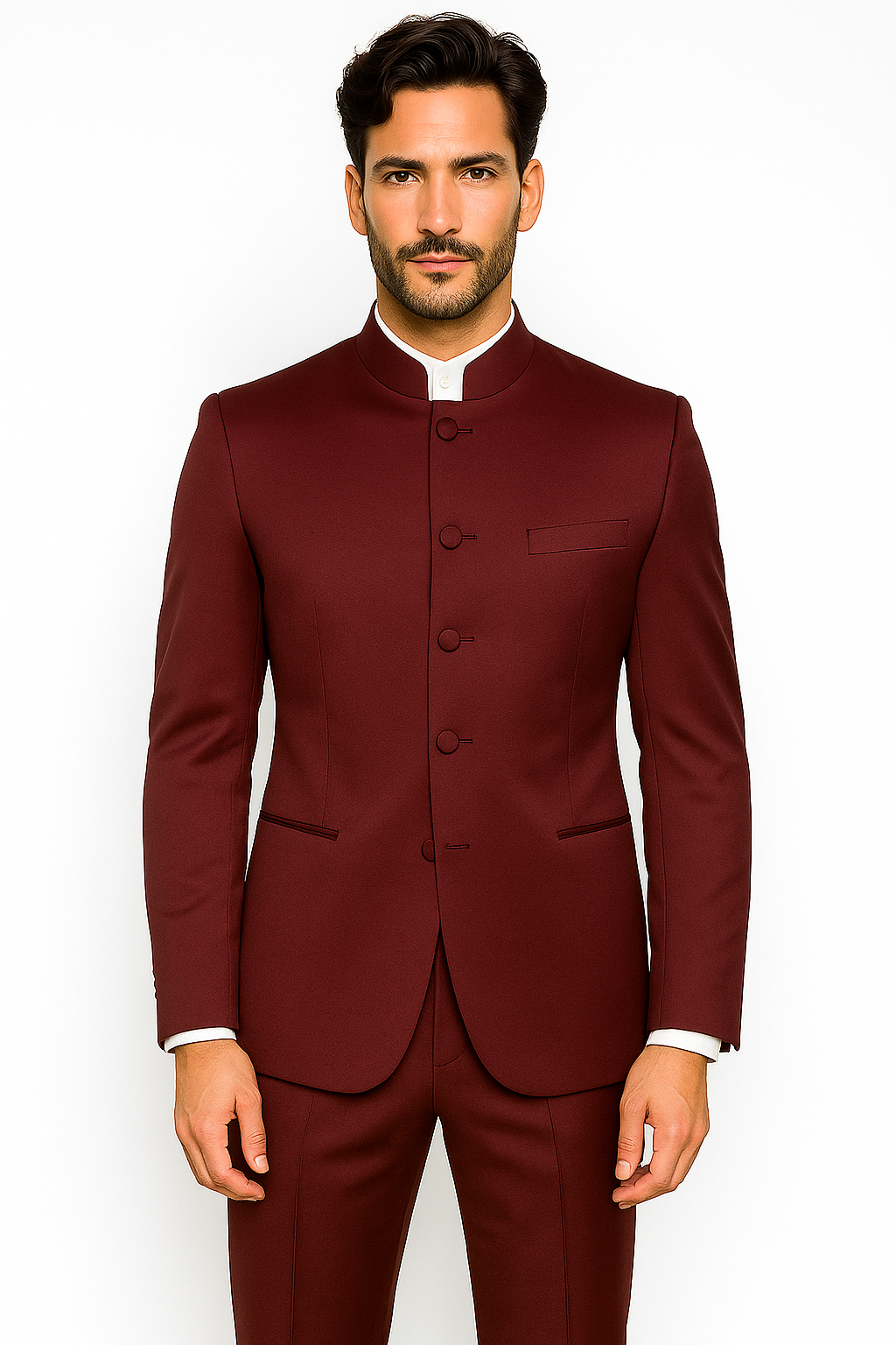 Mandarin Collar Tuxedo - Mandarin Tuxedo - No Collar Suit - Burgundy Suit - 34 Short or Extra Small