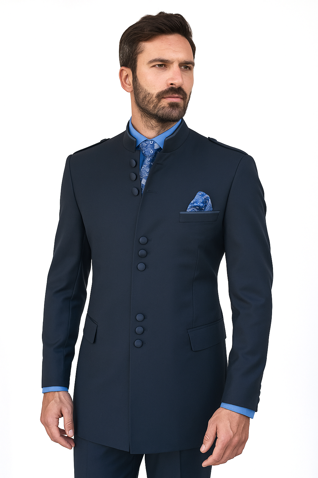 Mandarin Collar Tuxedo - Mandarin Tuxedo - No Collar Suit - Navy Blue Suit - 38 Short Jacket+32 Waist Adjustable 28to34)(Height: 5’4”to5’7”)(Neck 15-16.5)S-M)