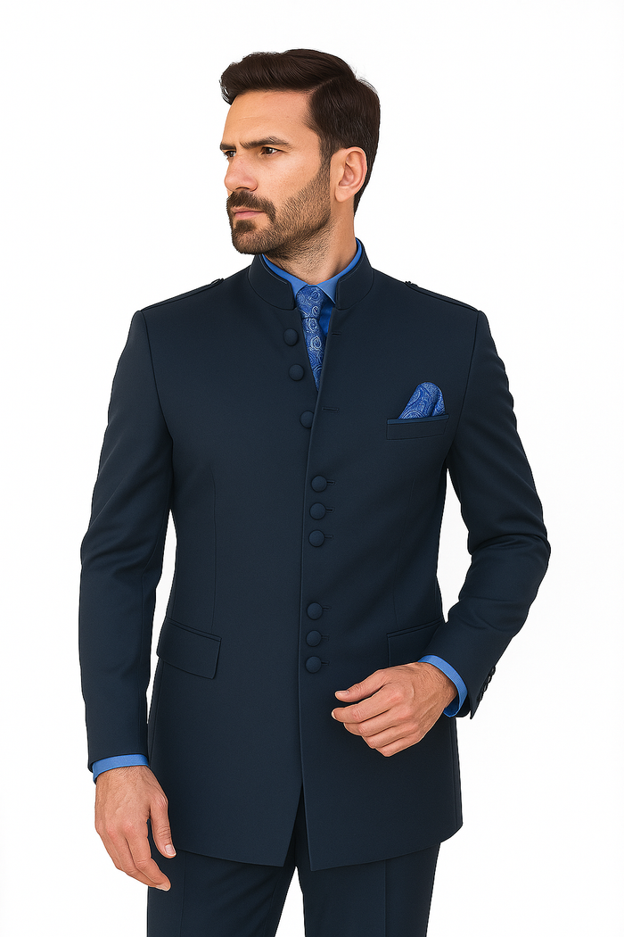 Mandarin Collar Tuxedo - Mandarin Tuxedo - No Collar Suit - Navy Blue Suit